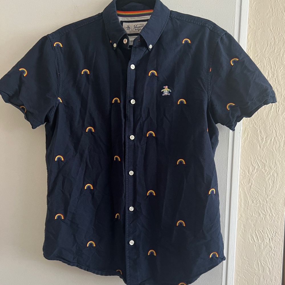Men's Original Penguin Navy Shirt with Rainbow Pride Embroidery